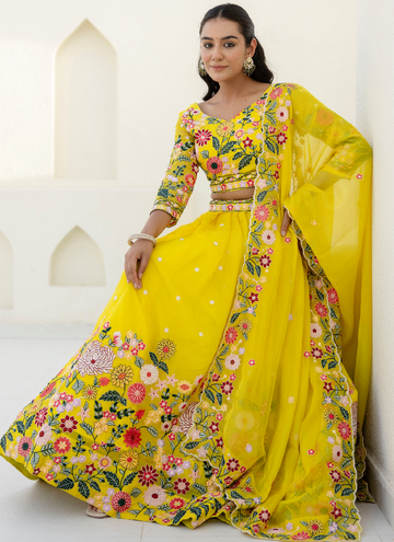 Haldi Ceremony Organza lehenga with thread sequin embroidery work
